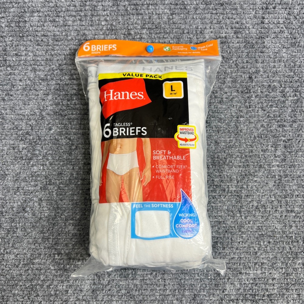 Hanes Mens Tagless Briefs 6-Pack White Cotton Full Rise Comfort Flex L 36-38 New
